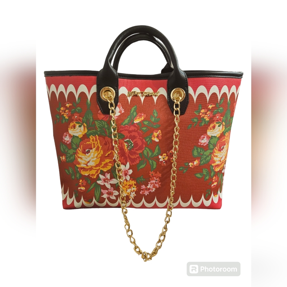 Betsey Johnson Purse Red Floral Tote with Gold Chain and Black Straps